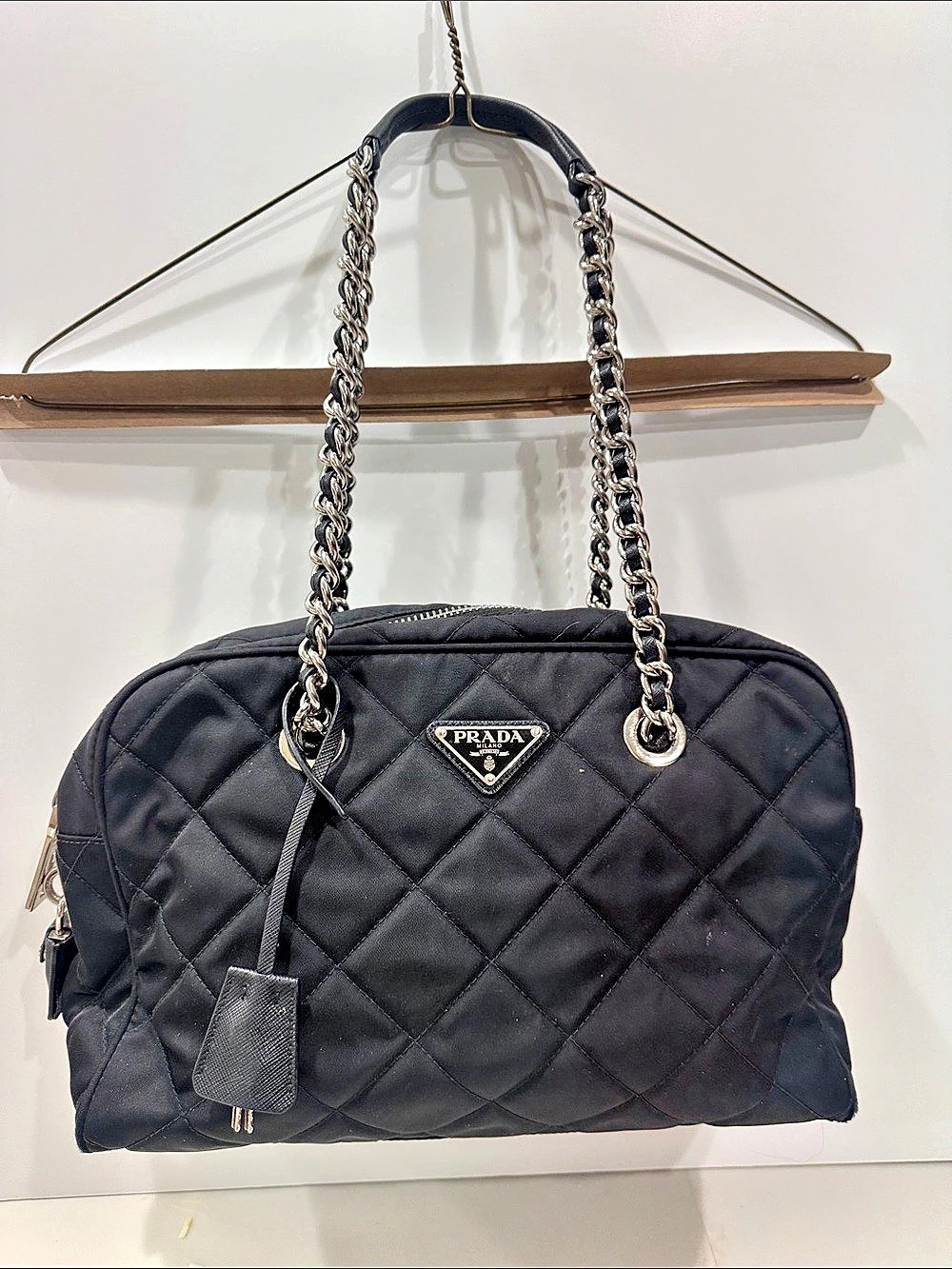 Prada Quilted Tessuto Nylon Chain Shoulder Bag in Black